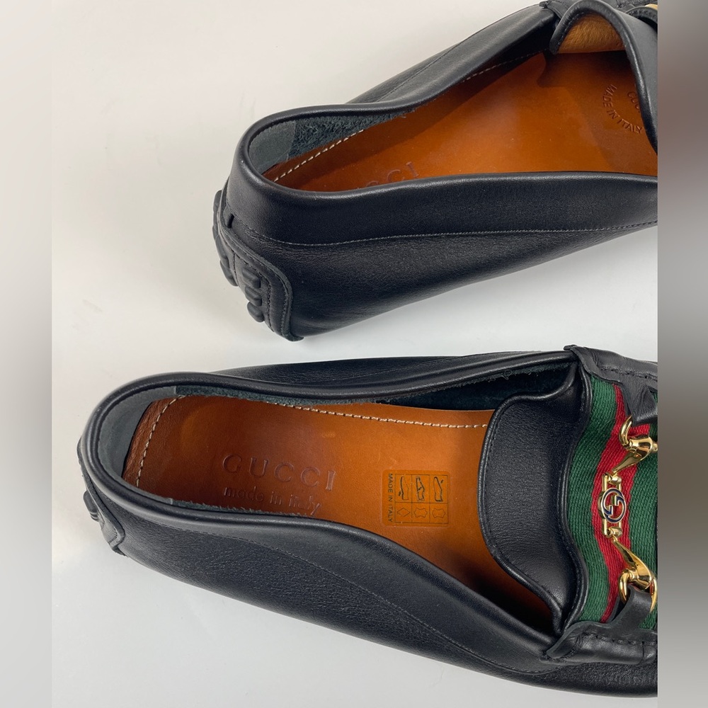 GUCCI Black Leather Driving Loafer Flat LOGO Horsebit Green Red Stripe MENS 11 - Picture 6 of 13